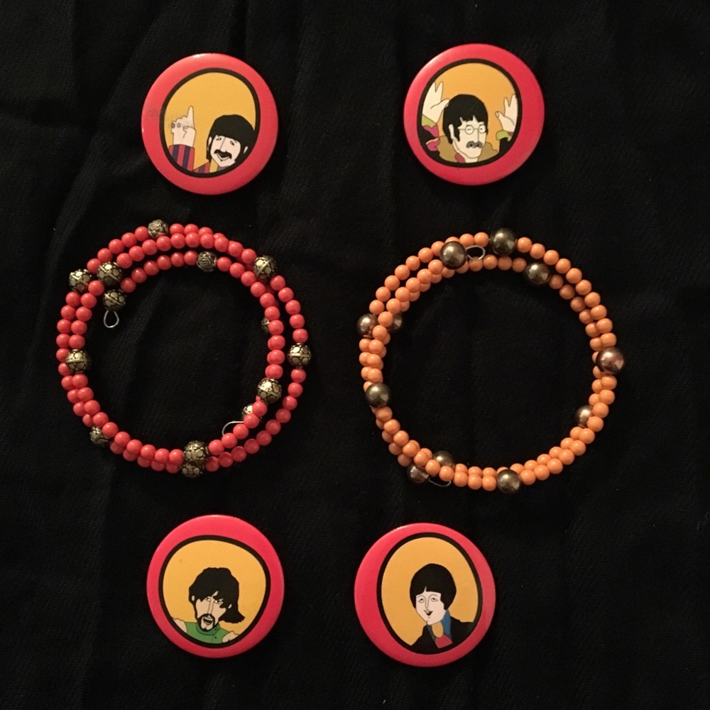 Set of 6 Beatles Pins and Bracelets